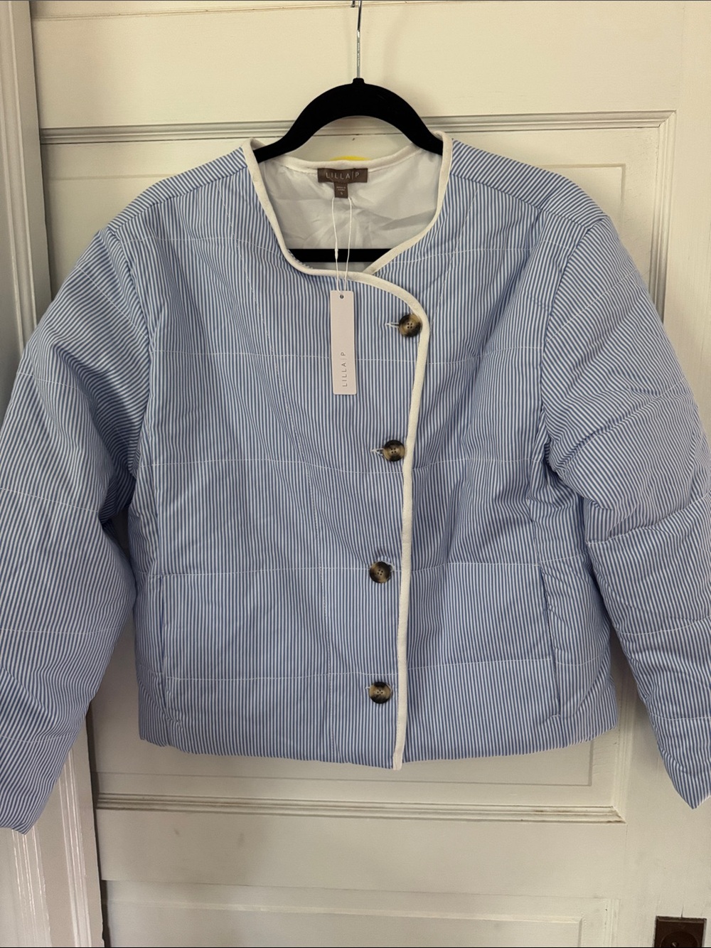 NWT Lilla P Striped Quilted Collarless Bomber jacket